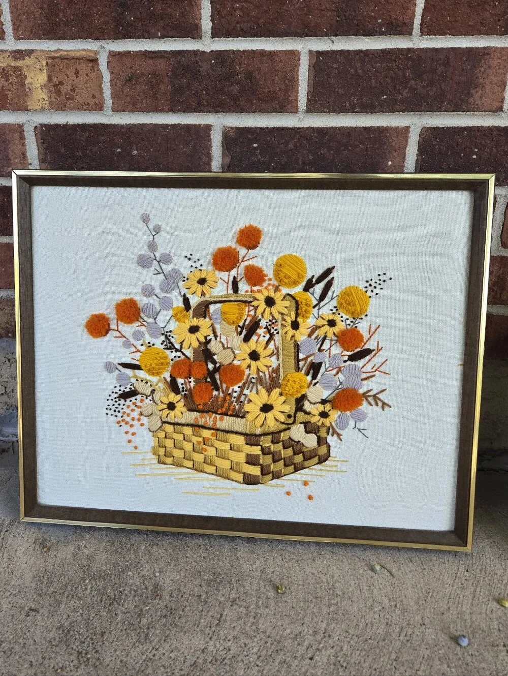 18.5x15 Framed Vintage 70s crewel embroidery wall art piece 